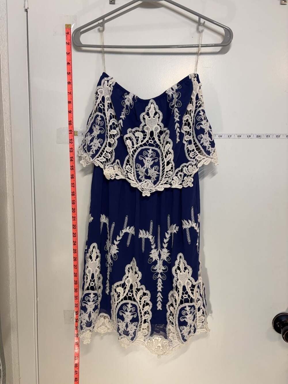 P1: Hot & Delicious Blue White Embroidered Lace Off-Shoulder Dress S